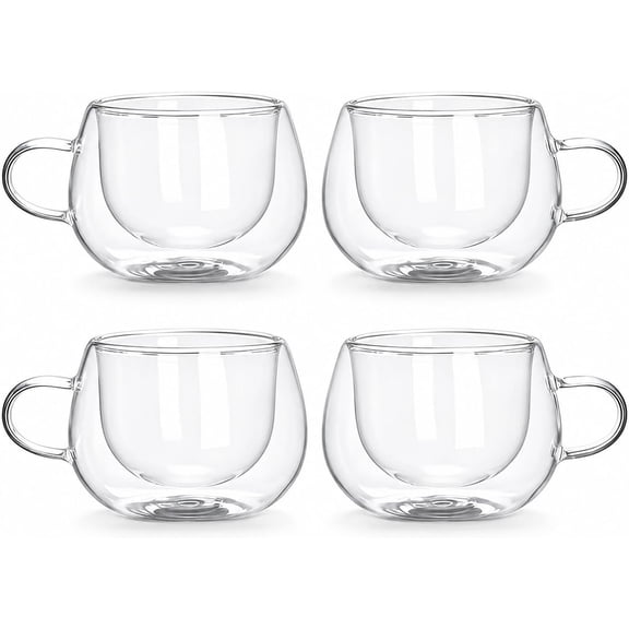 4Pcs Clear Glass Cups with Handles, Double Wall Insulated Small Drinking Glasses for Coffee, Tea, Cappuccino and Daily Beverages