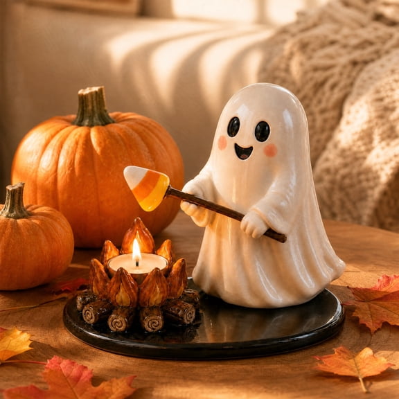 Cute Halloween Ghost Candle Figurine - Ceramic Ghost Roasting Candy Corn Tabletop Centerpiece for Desk Shelf Mantel Spooky Fall Home Decor