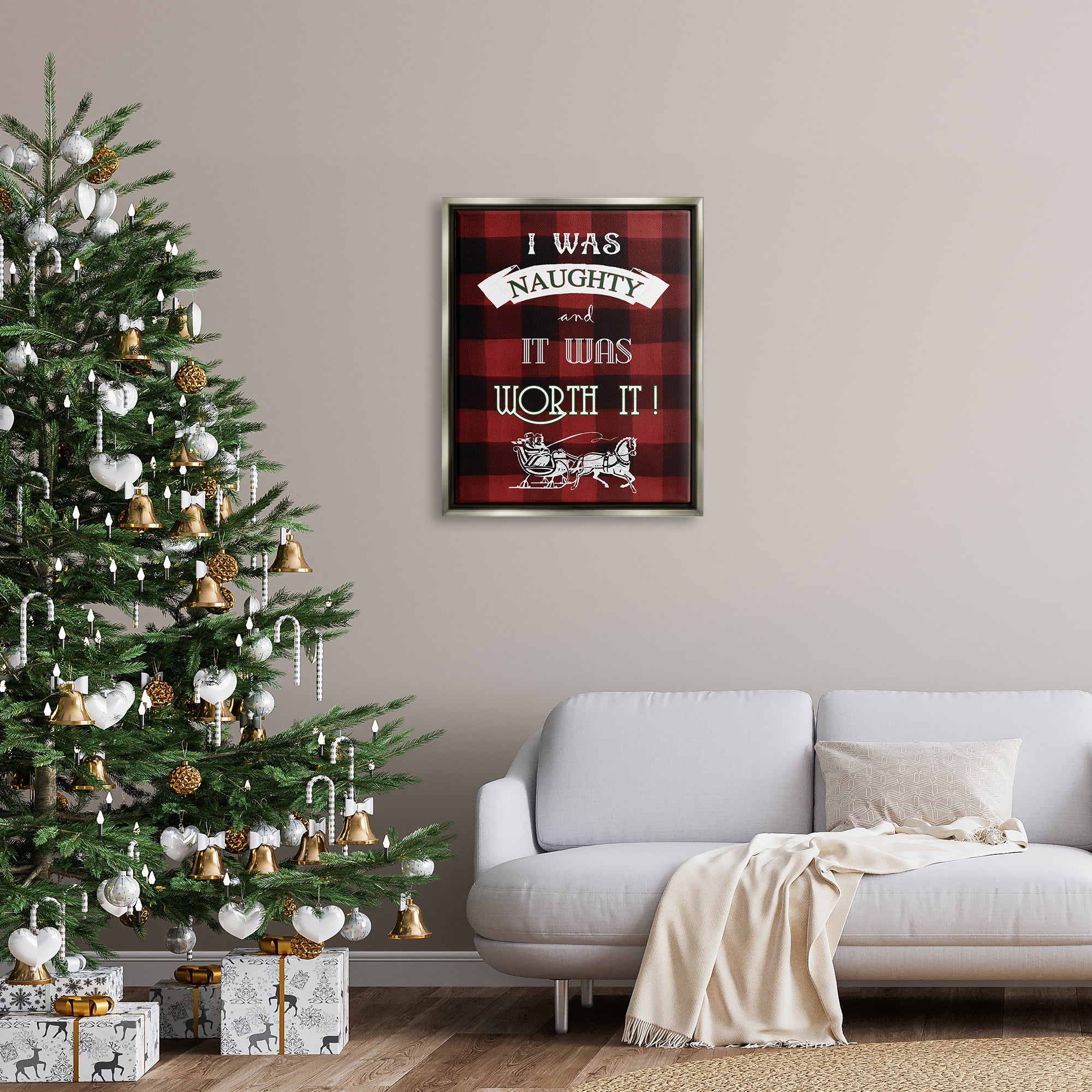 Stupell Industries Funny Plaid Christmas Holiday Painting Gray Floater Framed Art Print Wall Art, 25 x 31