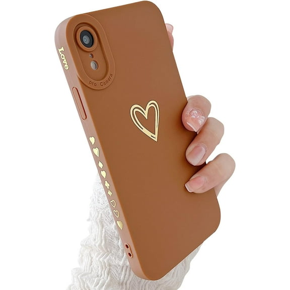 Compatible with iPhone XR Case for Women Girl,Cute Plated Love Heart with Full Camera Lens Protection Case Soft Silicone TPU Anti-Scratch Protective Cover for iPhone XR 6.1"-Brown