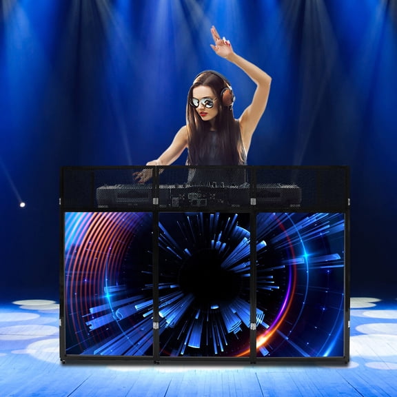Foldable Portable DJ Facade Booth Station, DJ Table with Top Trays, Black & White Scrims & Carry Bag, DJ Controller Mixer Laptop Stand for Wedding, Party, Live Performance & Recording Studio