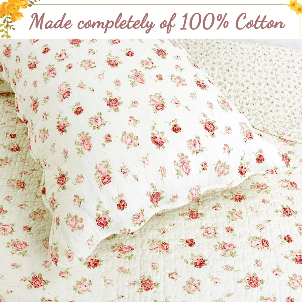 Cozy Line Home Fashions Floral Pink Rose Garden 3-Piece Quilt Bedding Set, King
