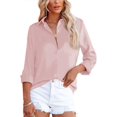thumbnail image 3 of Camisas con botones para mujer, cuello en V, satén, casual, manga larga/corta, blusas lisas, blusas de trabajo de oficina con bolsillo, 3 of 5