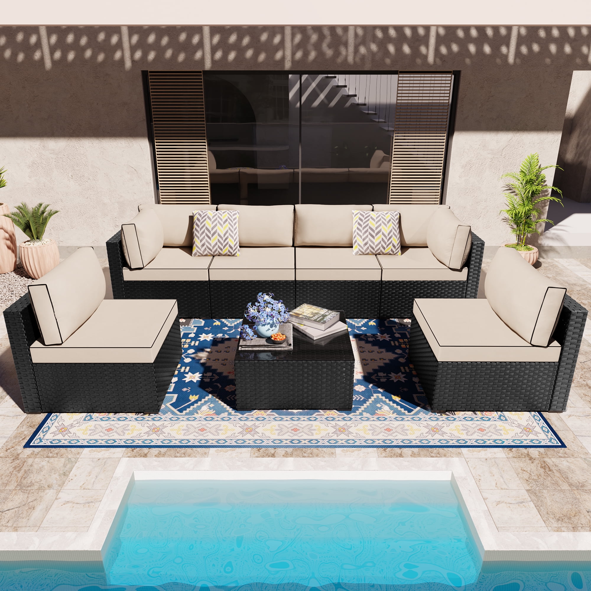 Walsunny 7 Pieces Patio Outdoor Sectional Sofa Furniture Sets, Black