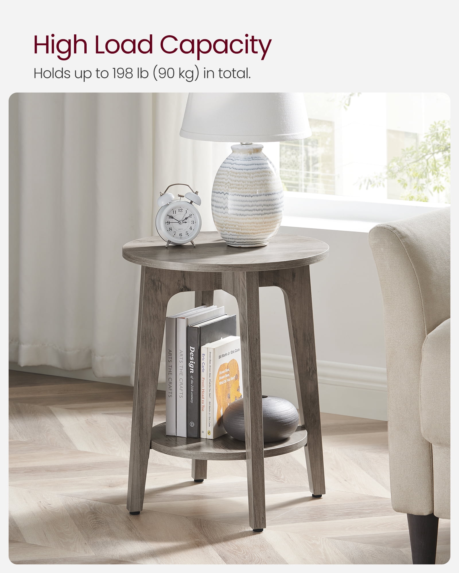 Round Side Table with Lower Shelf End Table for Small Spaces Nightstand Living Room Greige