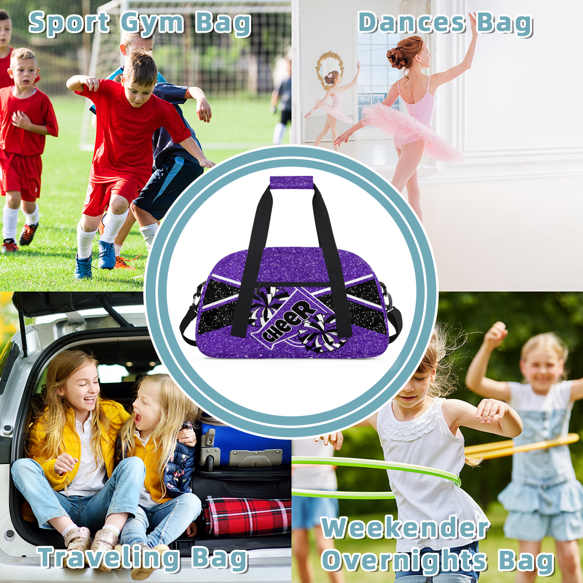 Herdesigns Cheer Bag Sports Duffle Bags Cheerleader Purple Gym Bag Weekender Travel Bag Waterproof Overnight Bag Carry On Travel Tote Bag Dance Bags