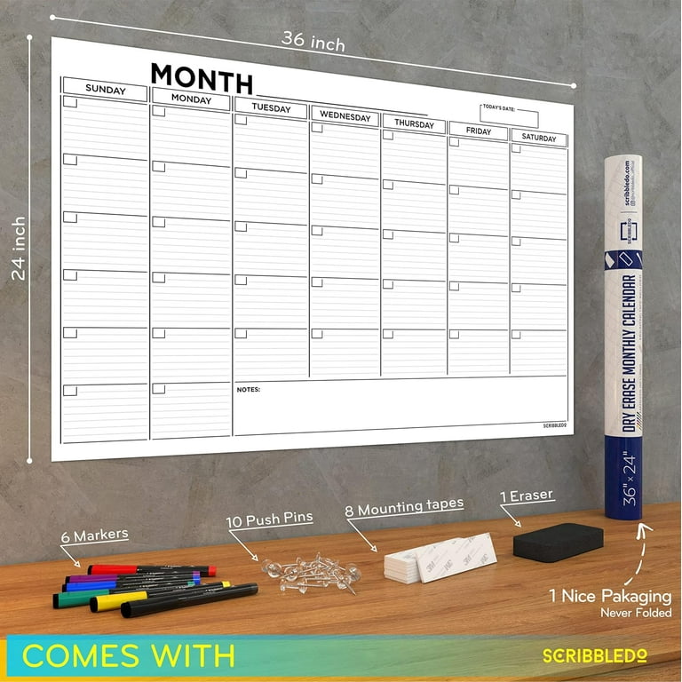 Large 24&quot;x36&quot; White Board Calendar Dry Erase Calendar for Wall Big 