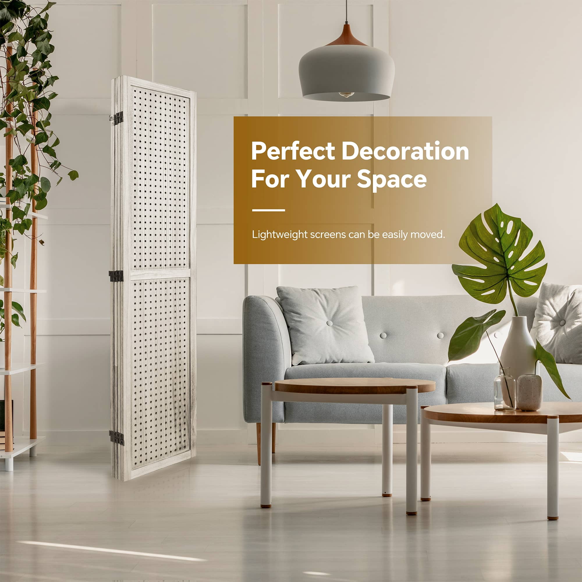 MAYEERTY 4 Panel Room Divider, 5.6Ft Wooden Freestanding Privacy Screen with Shelves, Natural Wood