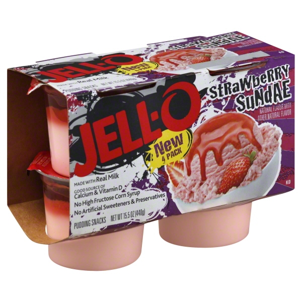 JellO Original Strawberry Sundae Pudding Snack, 3.875 Oz., 4 Count