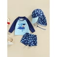 thumbnail image 2 of Bagilaanoe 6M-4Y Kid Boy Swimsuit Swimwear 3pcs Cartoon Striped Shark Print Summer Beach Long Sleeve Tops Shorts Hat Swimming Set Beachwear, 2 of 9