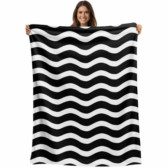 Flannel Fleece Throw Blanket Black and White Stripes Ripple Lightweight Soft Plush Blankets,Abstract Geometric Cozy Warm Throw Blanket for Couch Sofa Bed Car Office All Season Use 40x50in