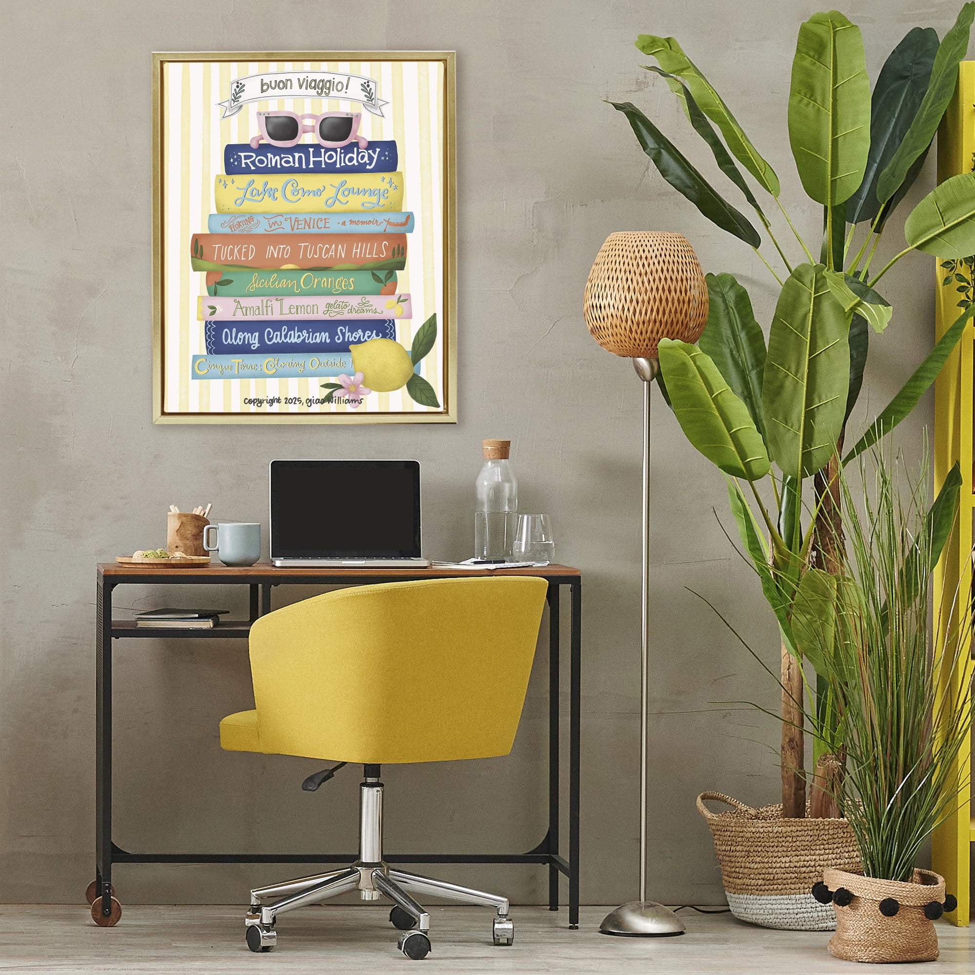 Stupell Industries Buon Viaggio Travel Books Gold Framed Floater Canvas Wall Art, design by Giao Williams