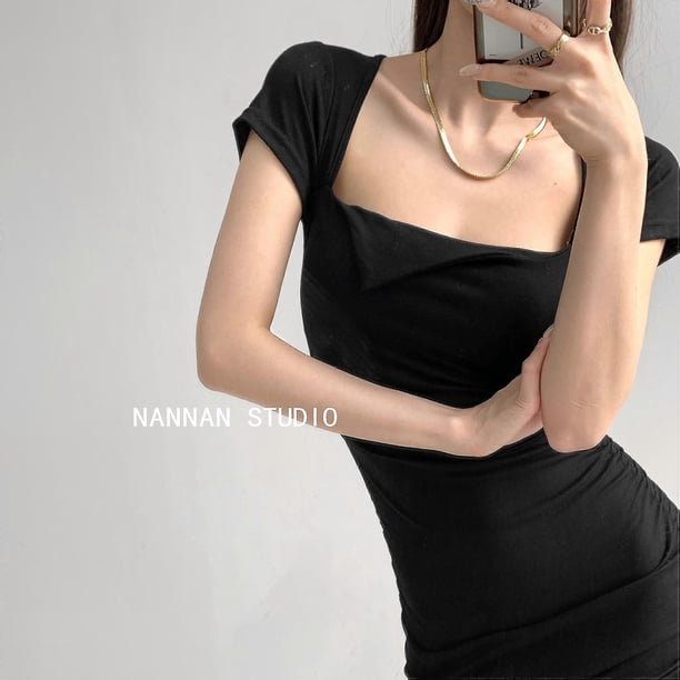 High-end Spice Girls Sexy Square Collar Short-sleeved Dress Women's Slim-fit Strap Drawstring Folded Bag Hip Trendy Skirt