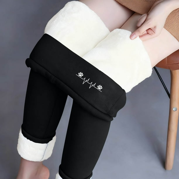 Leggings de lana de cordero gruesa para mujer, pantalones largos con estampado pequeño y forro polar añadido, pantalones de poliéster para mujer