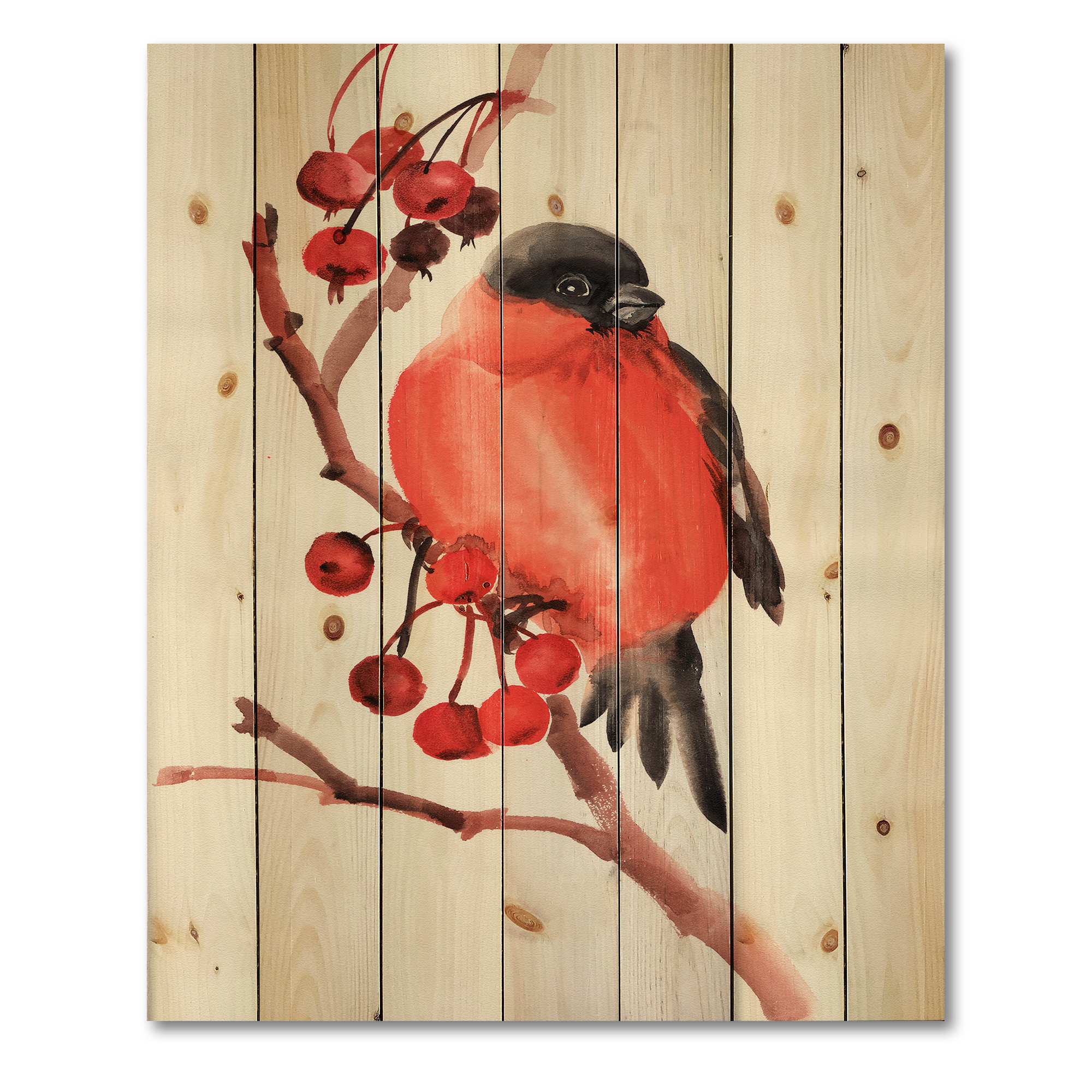Designart 'Red Bullfinch Bird Sitting On A Branch With Berries' Traditional Print on Natural Pine Wood