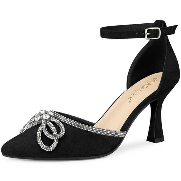 Unique Bargains Women s Rhinestones Bow Ankle Strap Stiletto Heel Pumps Black Size 9 Walmart