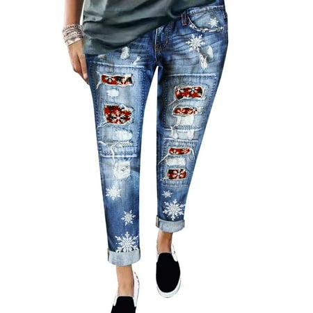 

Jean Pajama Pants Women Women Christmas Tree Print Lattice Patchwork Ripped Pants Mid Waist Hole Jeans Pants Distressed Washed Christmas Patch Print Denim Pants Trousers Women s plus