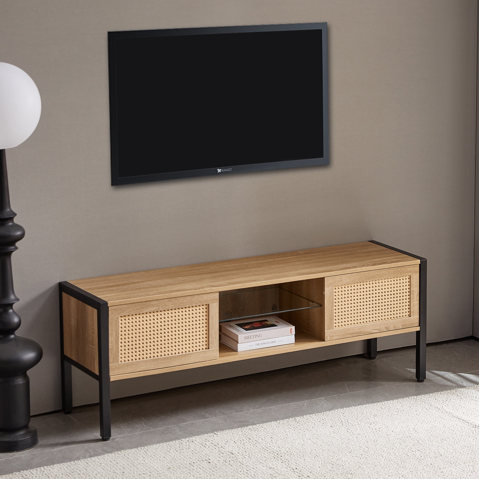 MAYEERTY 54.33" Rattan TV Cabinet with Adjustable Shelf, Variable Color Light Strip, and Metal Legs, Natural