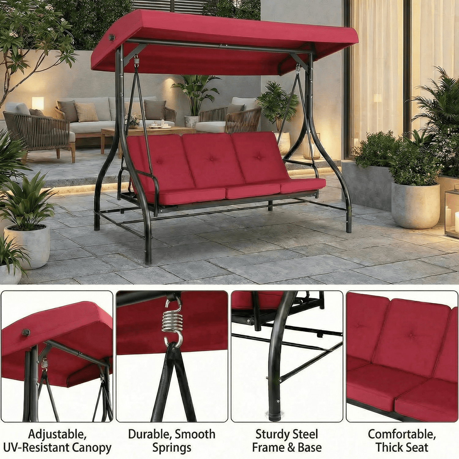 Pirecart 3 Person Patio Porch Swing Outdoor Converting Swing Glider Hammock with Adjustable Canopy, Cushions, Red
