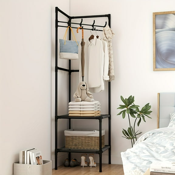 2-Tier Freestanding Corner Coat Rack with 8 Hooks - Space Saving Metal & Plastic Entryway Organizer for Clothes Shoes Bags, 27 Inch Height Modern Minimalist Design for Home Shelf