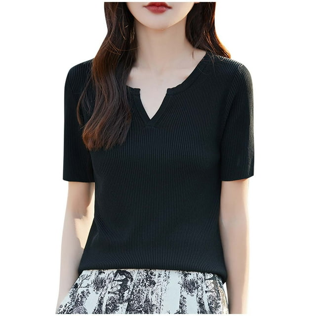Timegard Hauts pour Femmes Tendance Été Décontracté Confortable Couleur Unie Manches Courtes Col Rond en V T-Shirts