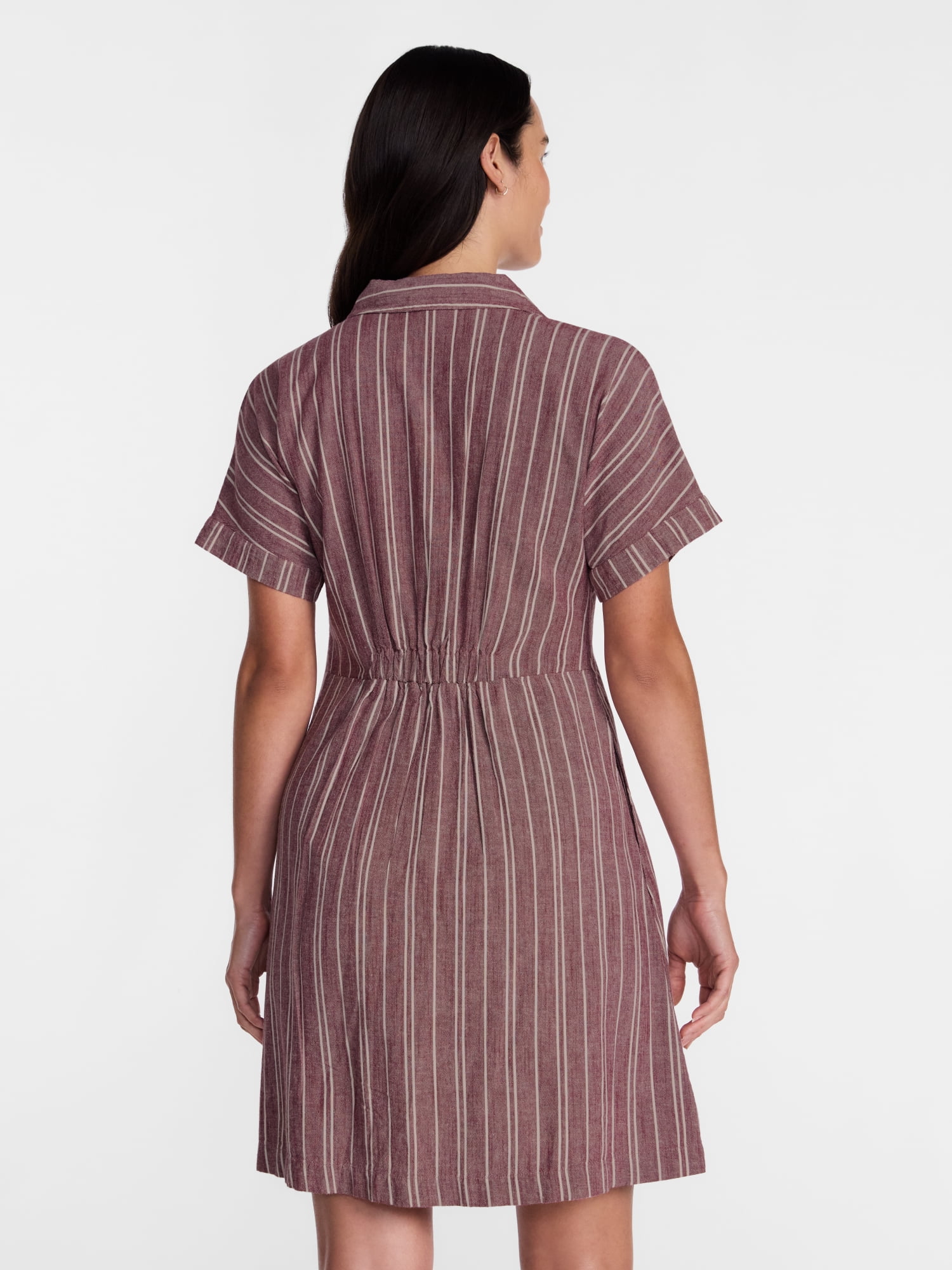 Time and Tru Women's Linen Blend Pleated Mini Shirtdress with Short Sleeves, Sizes XS-XXXL