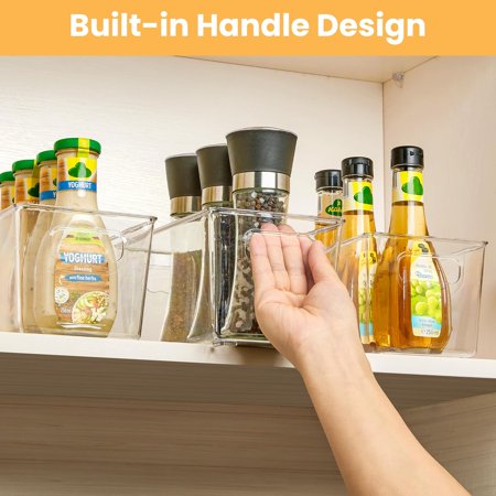 XINDUO-Clear Plastic Storage Bins 4 Pack Small Pantry Organizer Bins with Handle for Kitchen Freezer Cabinet Closet Organization and Storage