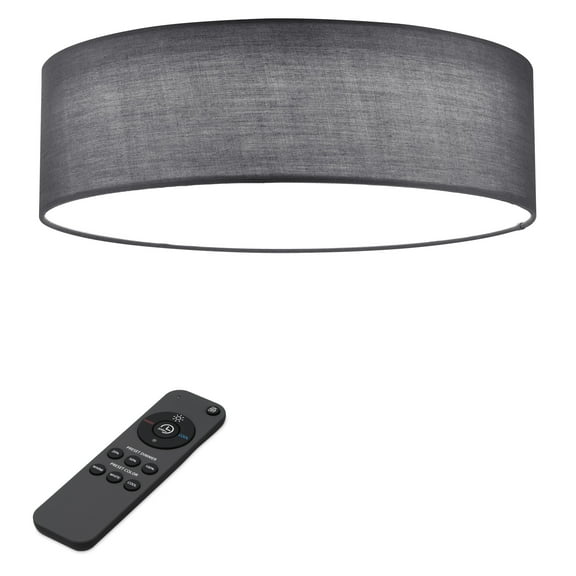 Navaris Flush Mount Ceiling Light - 15.75" Diameter Drum Lamp Shade LED Fixture with Remote Control for Bedroom, Living Room, Kitchen - Dark Gray