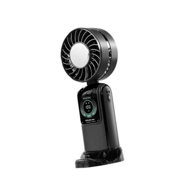 Ventilador de mano personal plegable con carga USB y pantalla digital de bajo ruido. negro