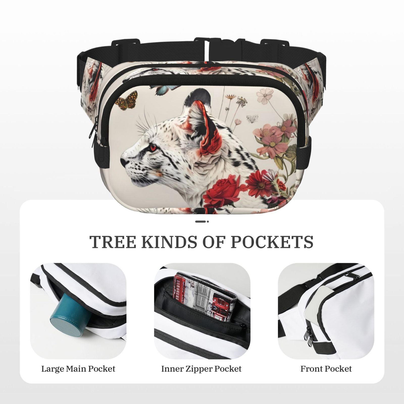 Picia Floral Leopard Butterflies Print Square Double-Layer Waist Bag Mini Adjustable Waist Belt Bag Exercise Running Travel Hiking