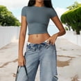 thumbnail image 2 of Women's Athletic Short Sleeve Crop Top with Stretch Fit and Crew Neck Design- Small, Blue, 2 of 6