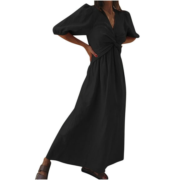Mrat Women Puff Sleeve Maxi Dress Cotton Linen Dress V Neck Long Dresses Casual Beach Long Dress S-209 Black L