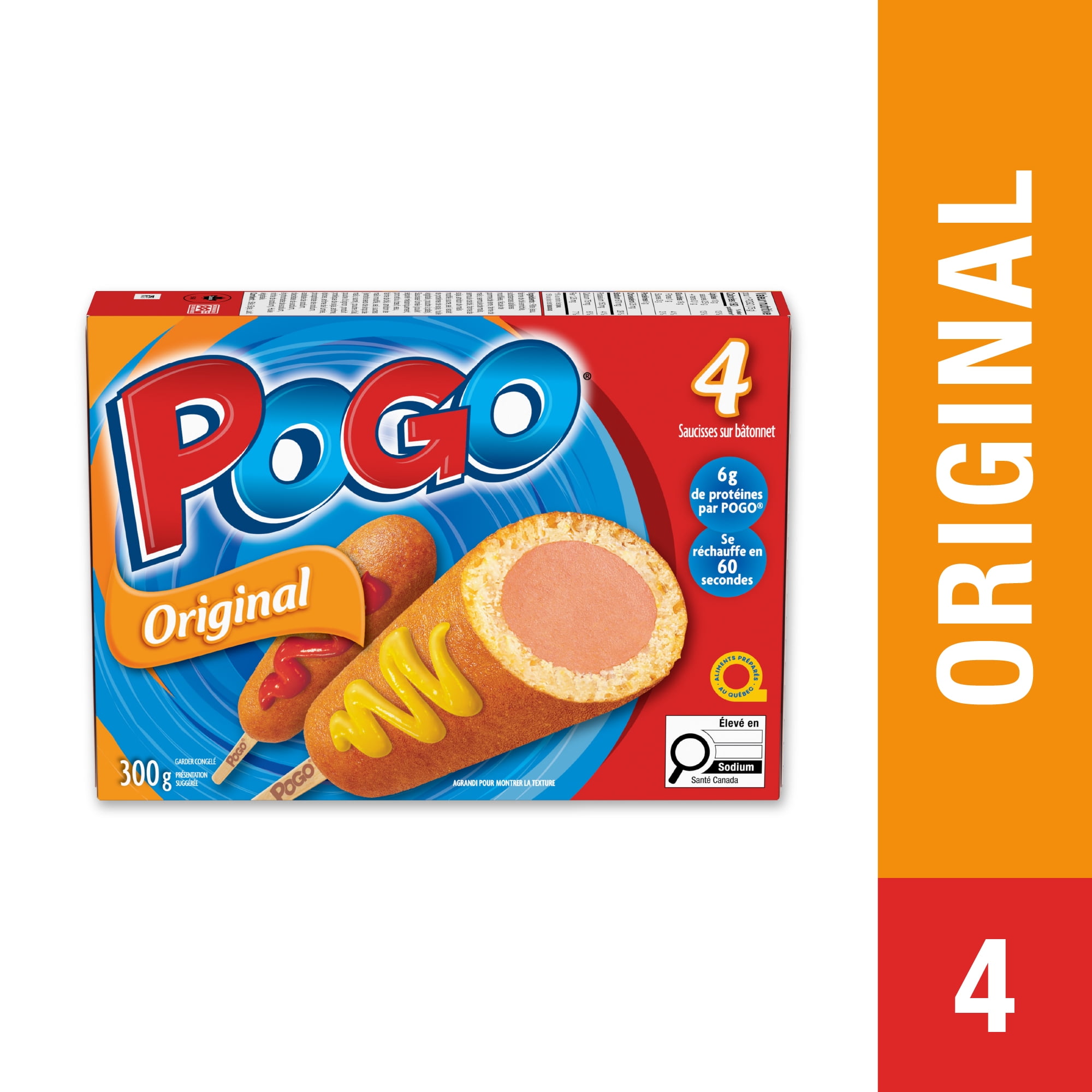 POGO® Saucisses Enrobées Originales, Saucisse Cuite Enrobée sur Bâtonnet, Boîte Surgelée, Paquet de 4 (300 g), Préparées au Québec, Source de Protéines, Source de Fer, Prêt en 60 Secondes Saucisses sur bâtonnet, 300g