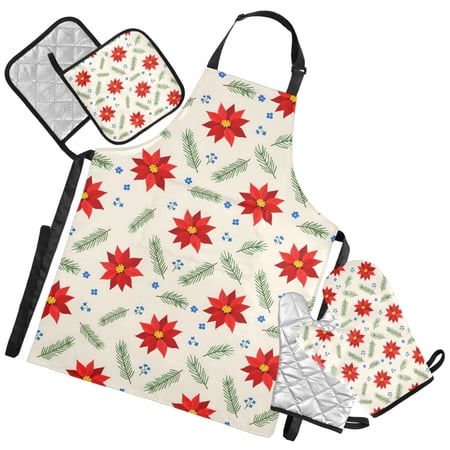 Ryvnso Holly Flowers Kitchen Apron Oven Mitts Set Pot Holders