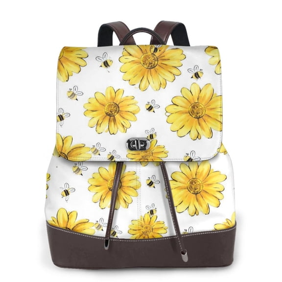 Yellow Sunflower Women's Leather Backpack All-Over Print Bag for Work and Travel