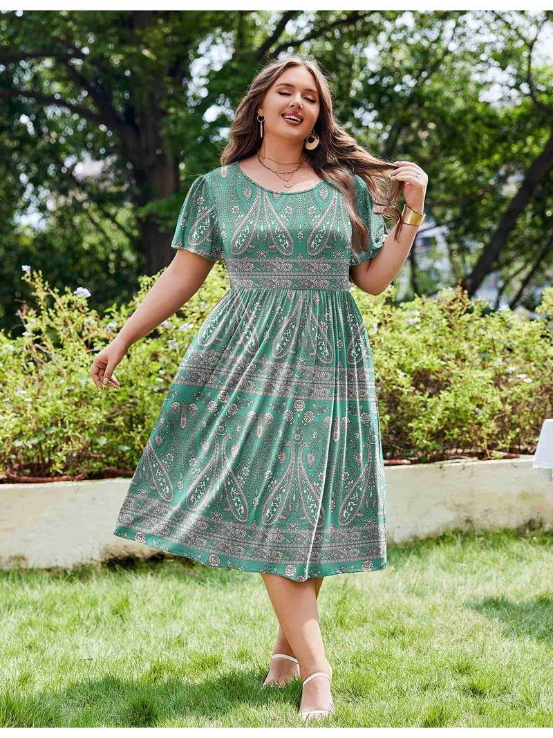 Zeagoo Women Plus Size Short Sleeve Dress Loose Summer Casual A-Line Flowy  Midi Dresses with Pockets