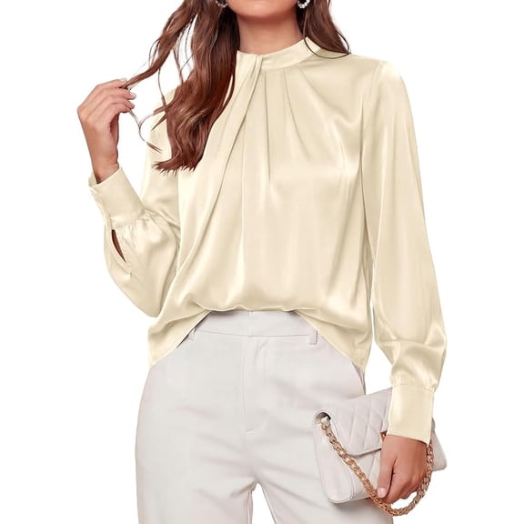 PRETTYGARDEN Satin Tops for Women Mock Neck Pleated Long Sleeve Shirts | Wrinkle Resistant Silky Blouses,Dressy Casual Fall Clothes,Versatile Business Casual Oufits,Fashion Clothing