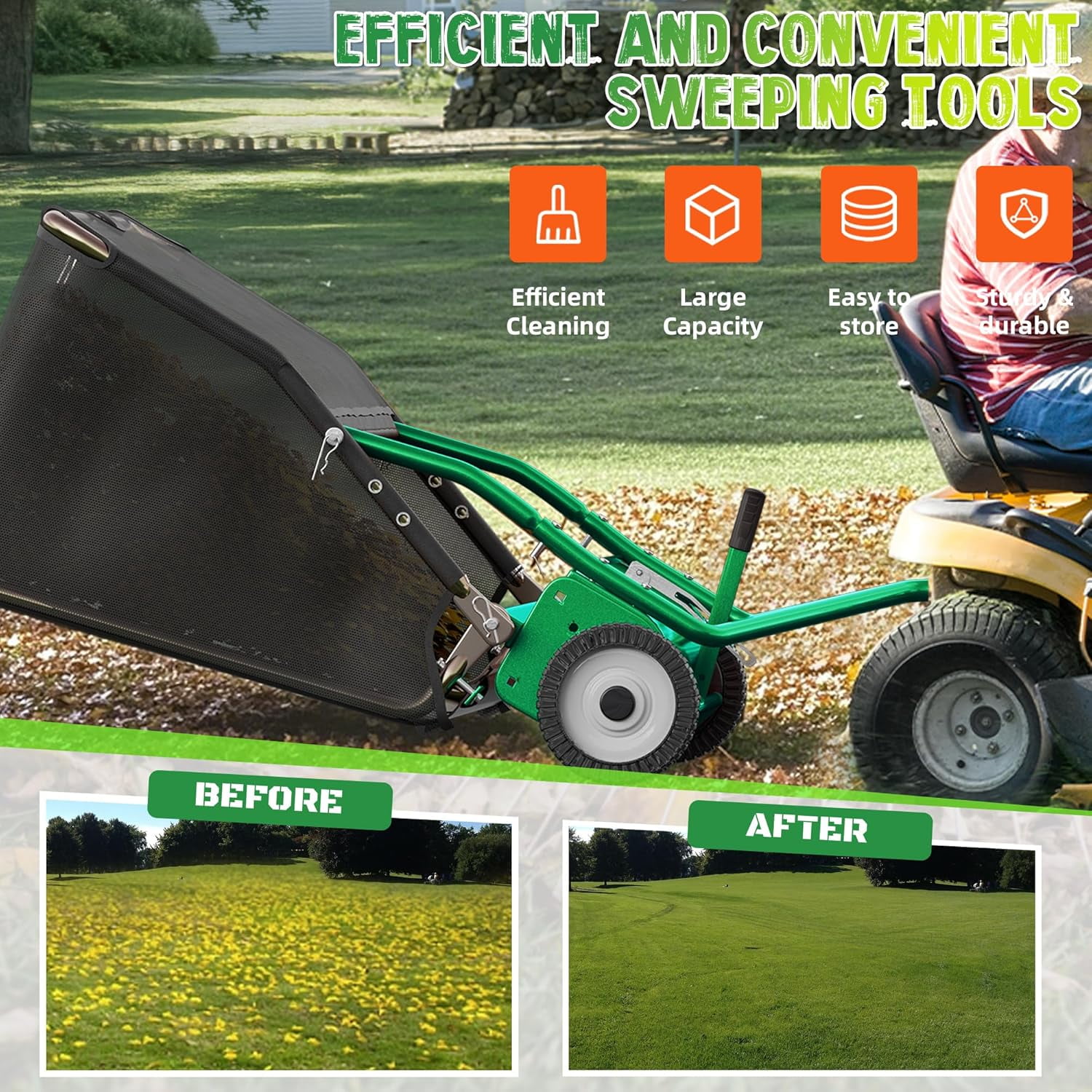 PPOLB 48" Tow-Behind Lawn Sweeper, Pull Behind Grass and Leaf Collector with 25 cu. ft Hopper, Adjustable Brush Height Lever & Dumping Rope for Lawn and Yard Cleanup