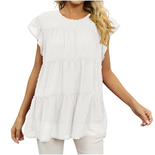 Timegard Hauts pour Femmes Manches Courtes en Chiffon Blouse Ample Légère Col Rond Été Plage Vacances Hauts