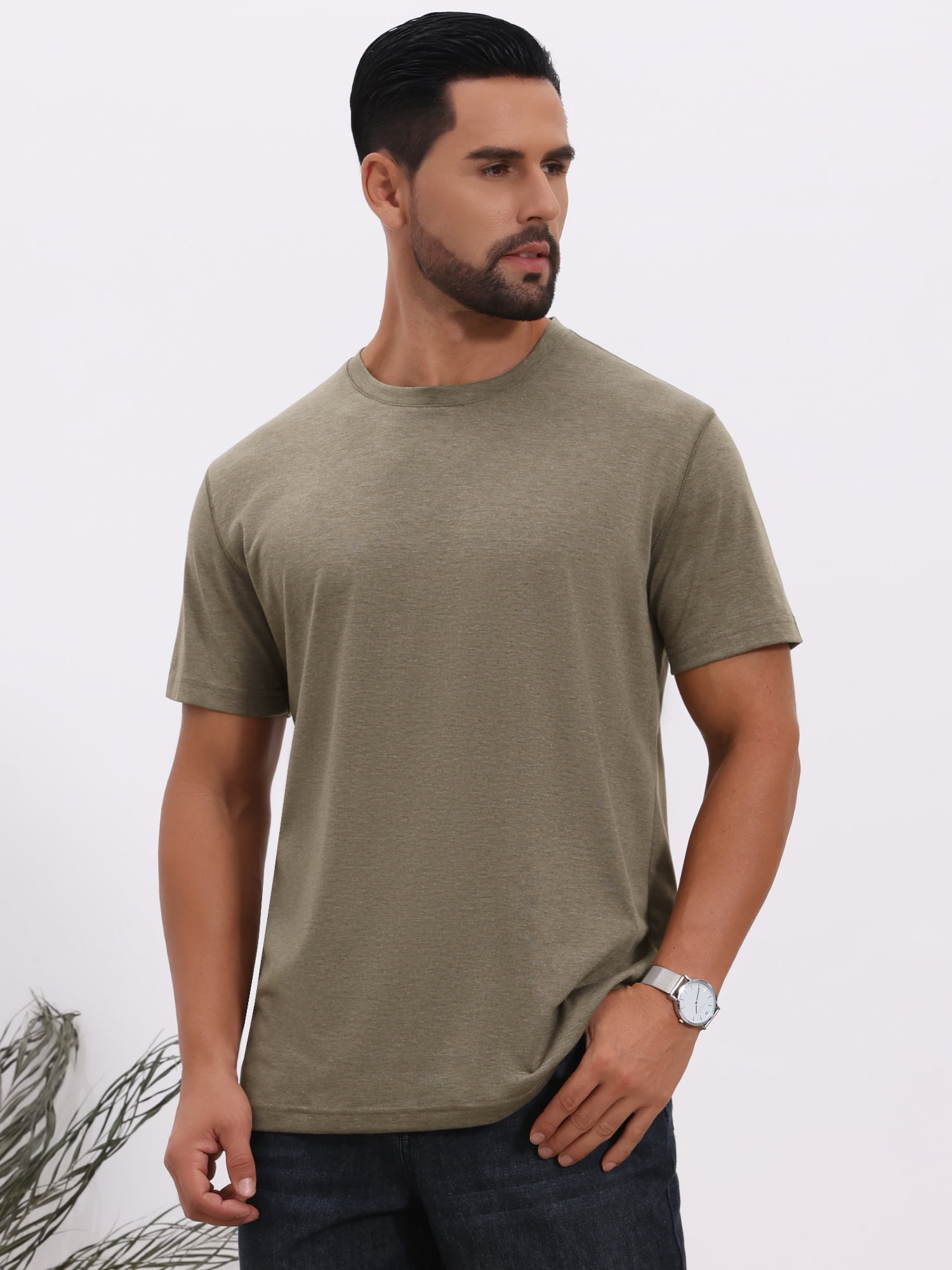 DARING DIVA Men's Crew Neck Short Sleeve Solid Color Retro Style T-Shirt 2XL Khaki