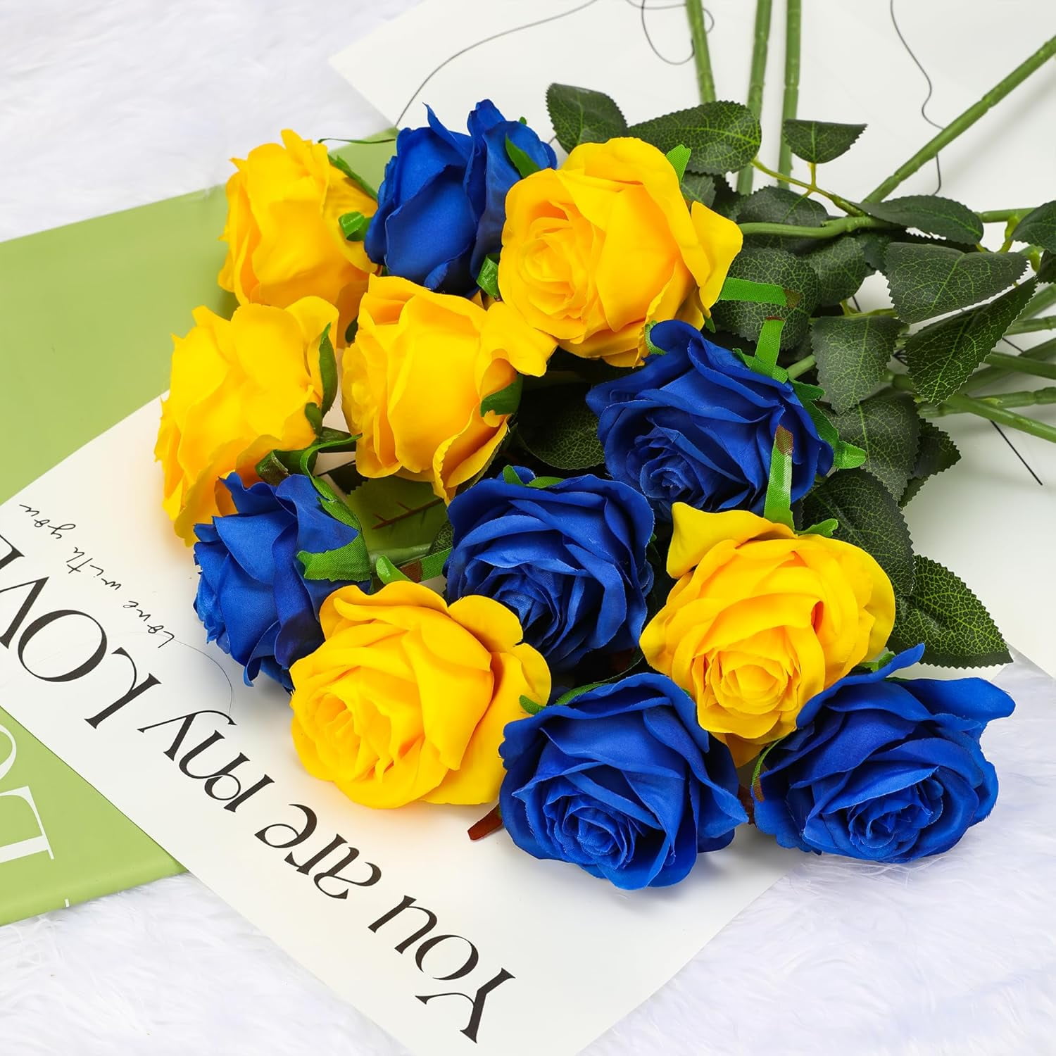 Yellow Fake Roses Artificial Flowers - Fake Artificial Roses Silk Flowers with Stems for Home Wedding Hotel Office Centerpiece Decor