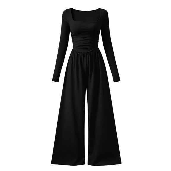 Long Sleeve Jumpsuit for Women Lounge One Piece Wide Leg Jumpsuit Trendy Ruched Square Neck Athletic Romper with Pockets Women Soft Lightweight Jumpsuit Daily Office Travel Outfits, Black L