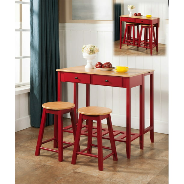 Rave 3 Piece Red Natural Top Wood Contemporary Kitchen Dinette