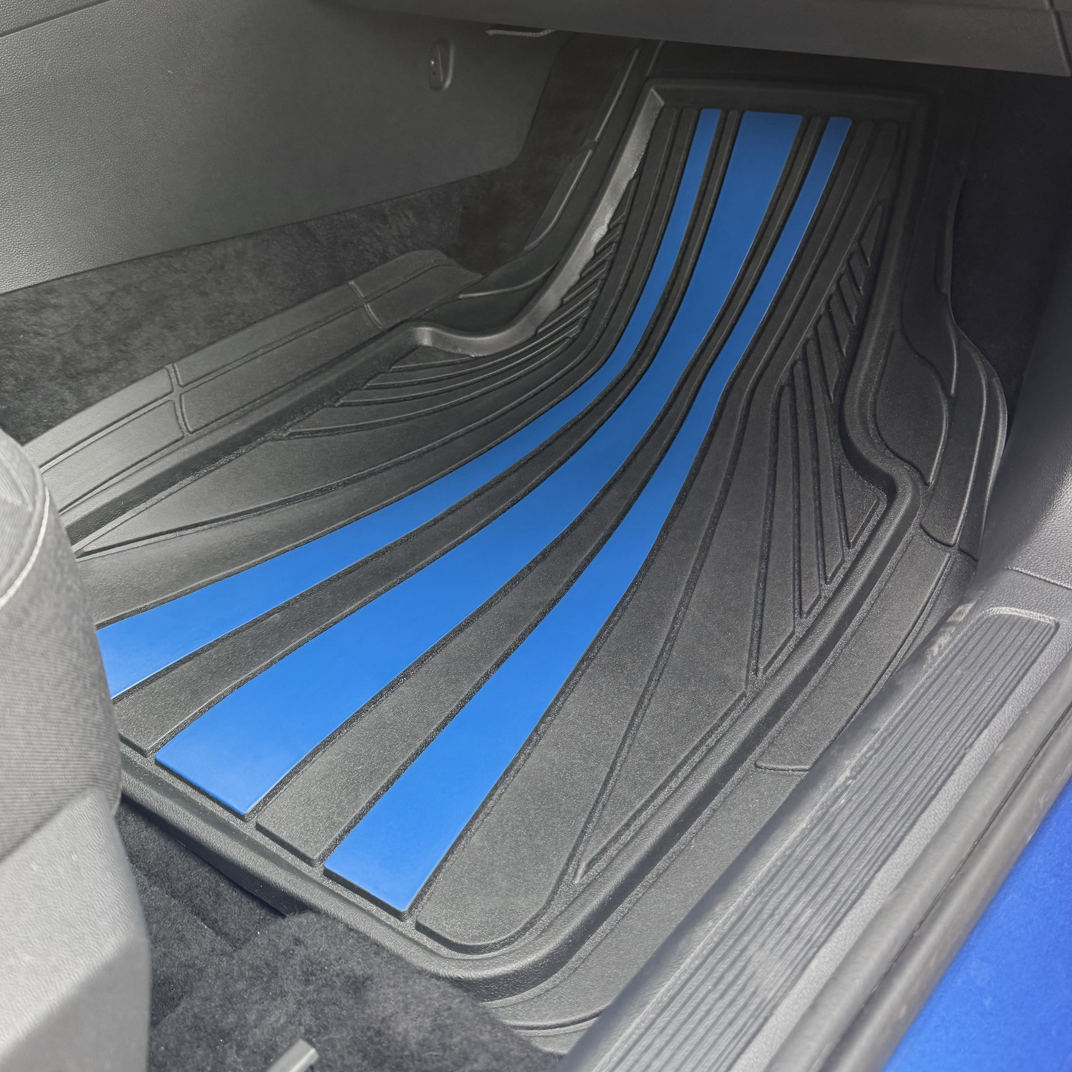 Rally 4-Piece Black & Blue All-Weather Rubber Floor Mat Set – Heavy Duty Universal Trim-to-Fit Car, SUV & Truck Mats