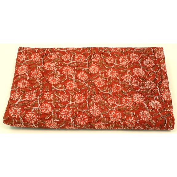 Floral Kantha Quilt In Rust Red Colour Print Handmade Pure Cotton Bedspread, Hand Stitched Indian Quilt, Natural Colours for Home Decor