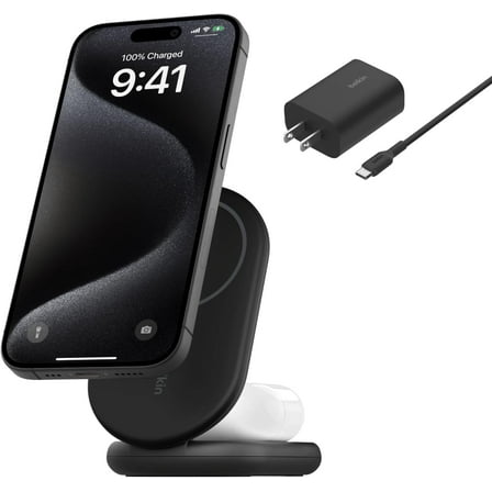 Belkin MagSafe-Compatible iPhone Charger, 2-in-1 Magnetic Foldable Charger 15W - Qi2-Certified Wireless Charger for Apple iPhone 16, iPhone 15 w/Non-Slip Base, PSU Included - Black