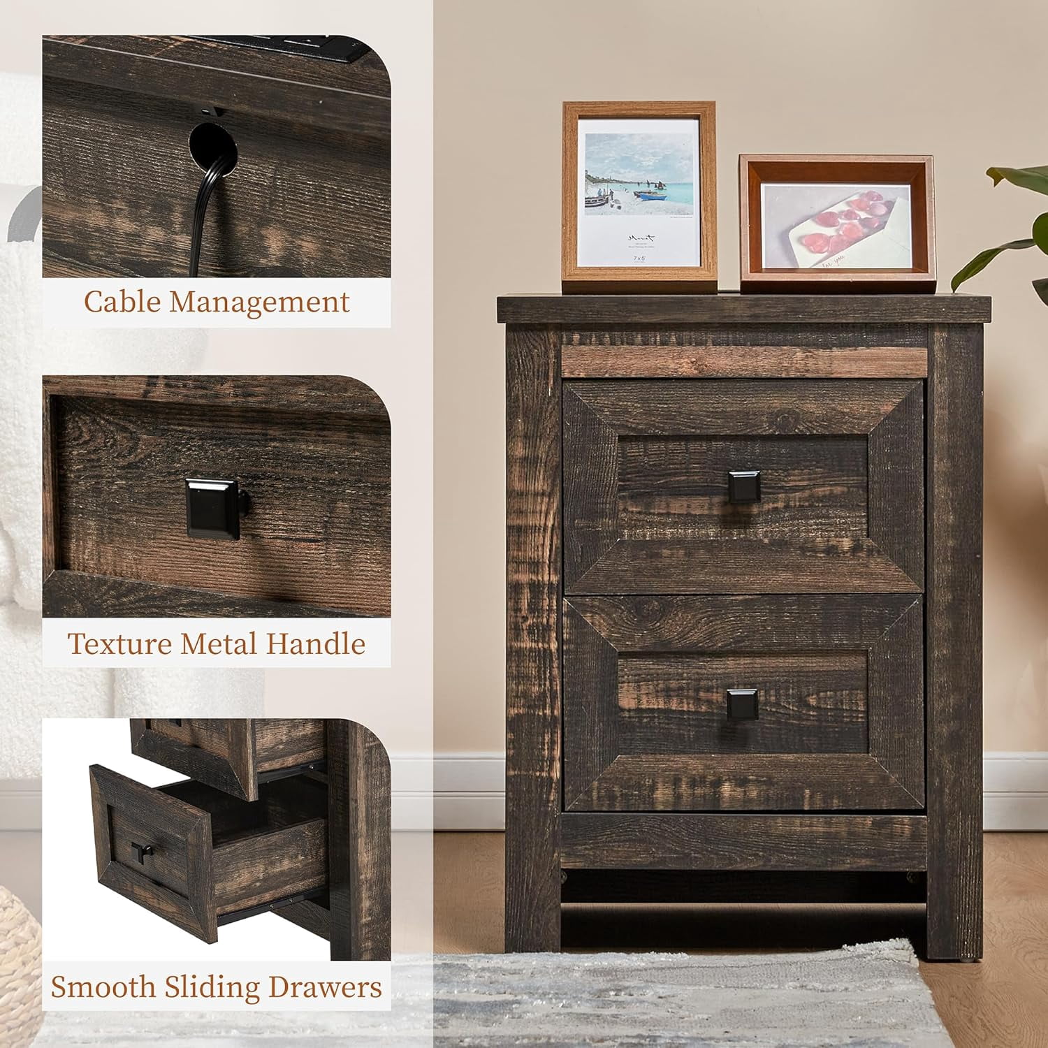 Merluxy Nightstand Set of 2 with Charging Station, Farmhouse Wood Bedside Table with Dark Oak