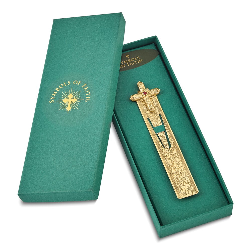 Symbols of Faith Gold-tone Ornate Red Crystal Cross Bookmark QRF567