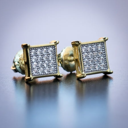 Square Two Tone Yellow Gold Plated 925 Sterling Silver Men's Hip Hop Screw Back Stud Earrings