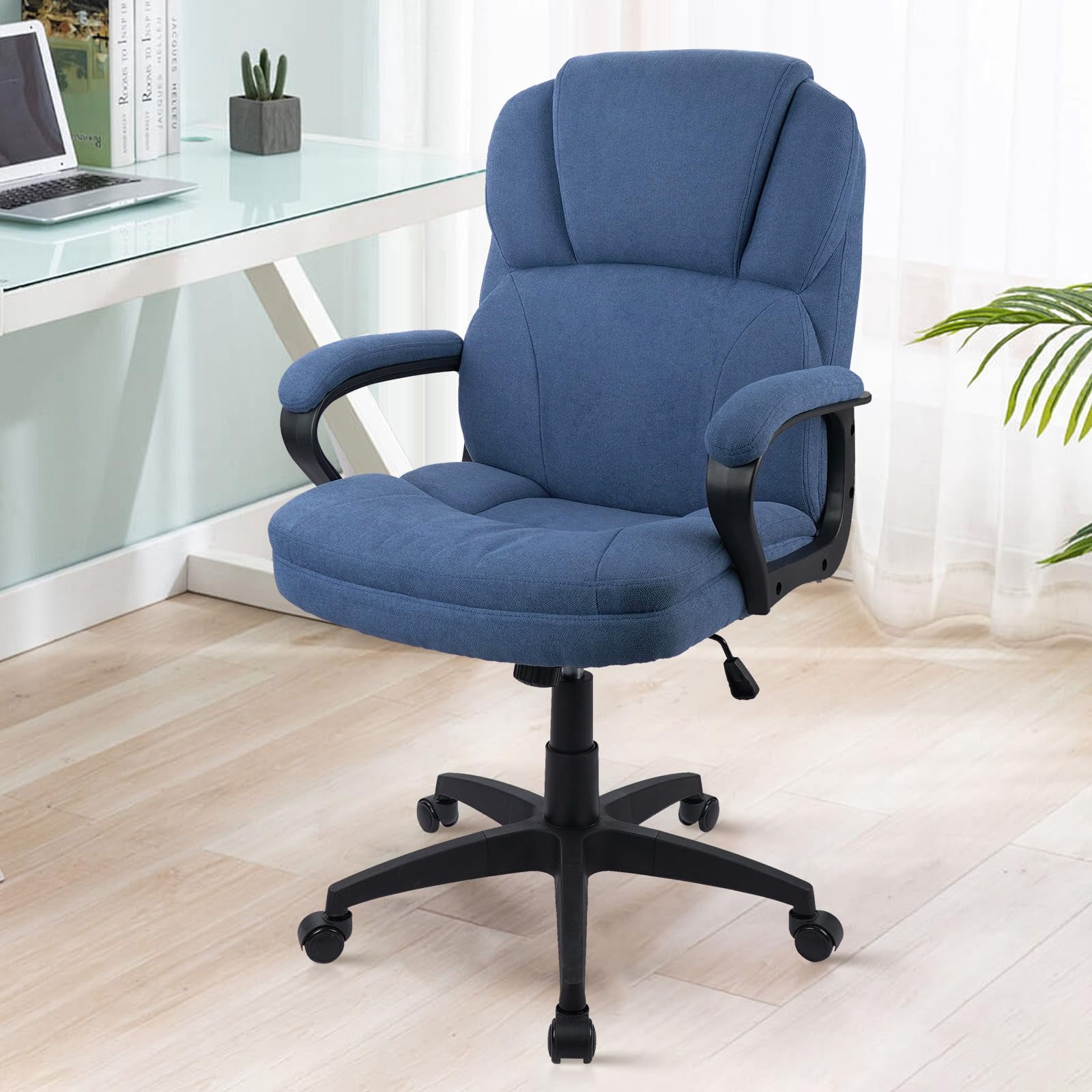 CLATINA Blue Cloth Office Chair Fabric Covered Desk Chair, Adjustable Height Swivel Chairs Ergonomic Executive Chair with Arms and Wheels Comfortable Upholstered 350 LBS